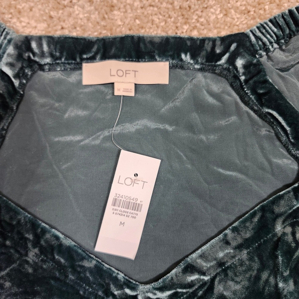 LOFT Velvet Square Neck Puff Sleeve Top Teal Green Women's Medium - Picture 4 of 6
